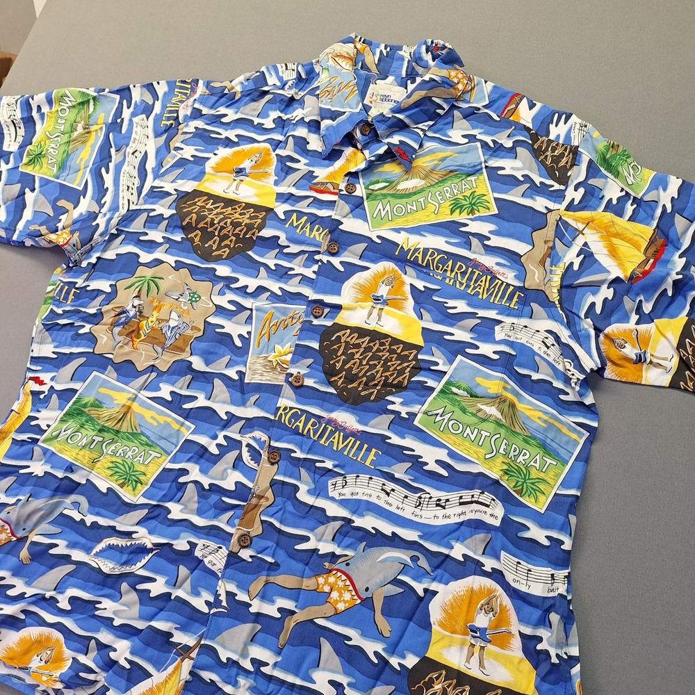 Reyn Spooner Margaritaville Fins to the Left Hawaiian Shirt Blue Rayon Mens L